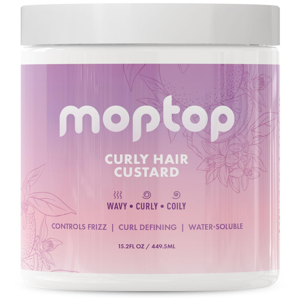 MopTop Curly Hair Gel Custard bottle shows a lightweight moisturizer for frizz control.