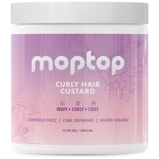 MopTop Curly Hair Gel Custard bottle shows a lightweight moisturizer for frizz control.