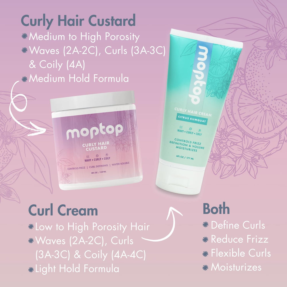 MopTop Curly Hair Gel Custard frizz-control delivers a softer, controlled coil look.