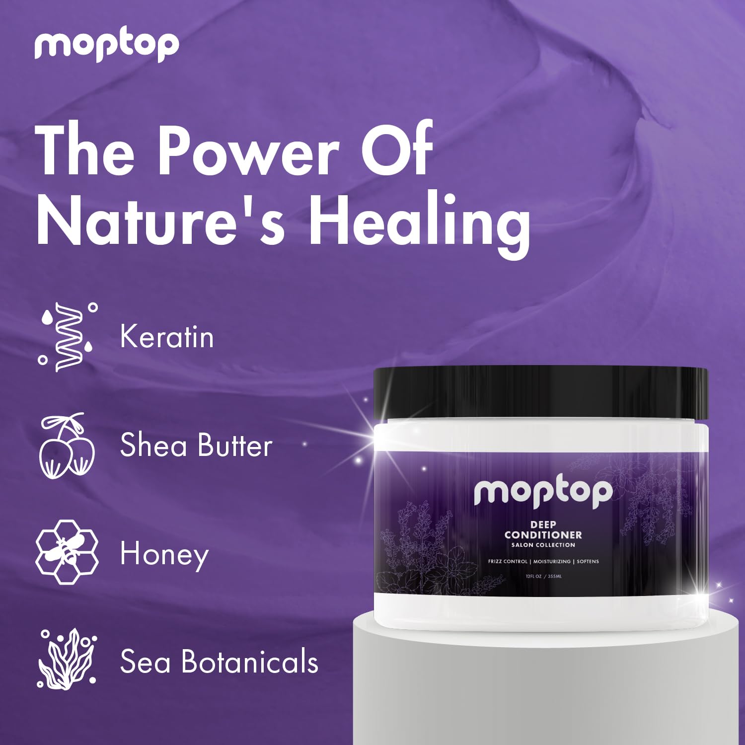 Closeup of MopTop label highlighting clean, no-sulfates formula.