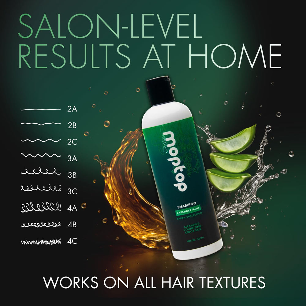 MopTop Salon Gentle Shampoo being applied during a shower routine.