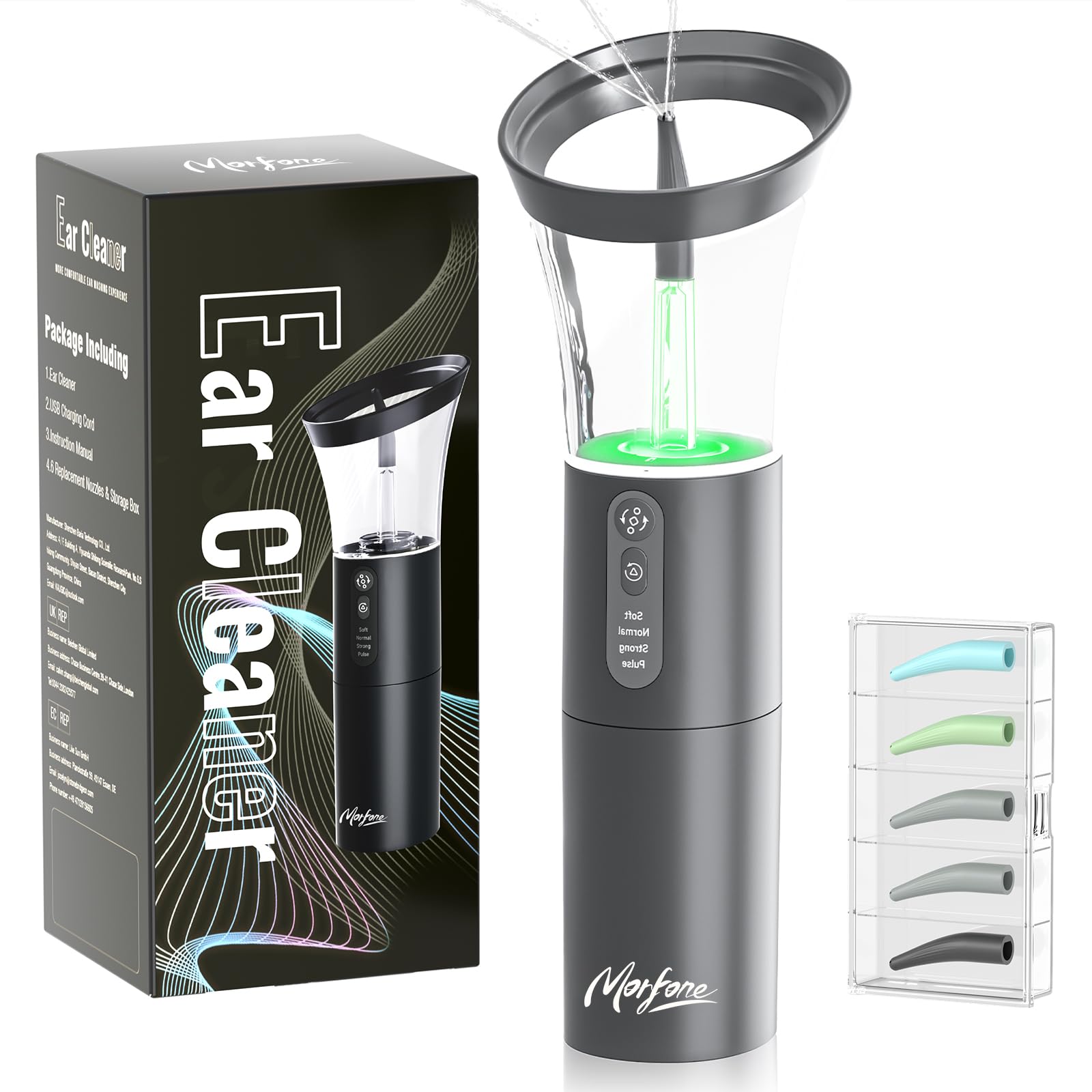 Morfone electric ear cleaning kit nozzle close-up for gentle irrigation at home.