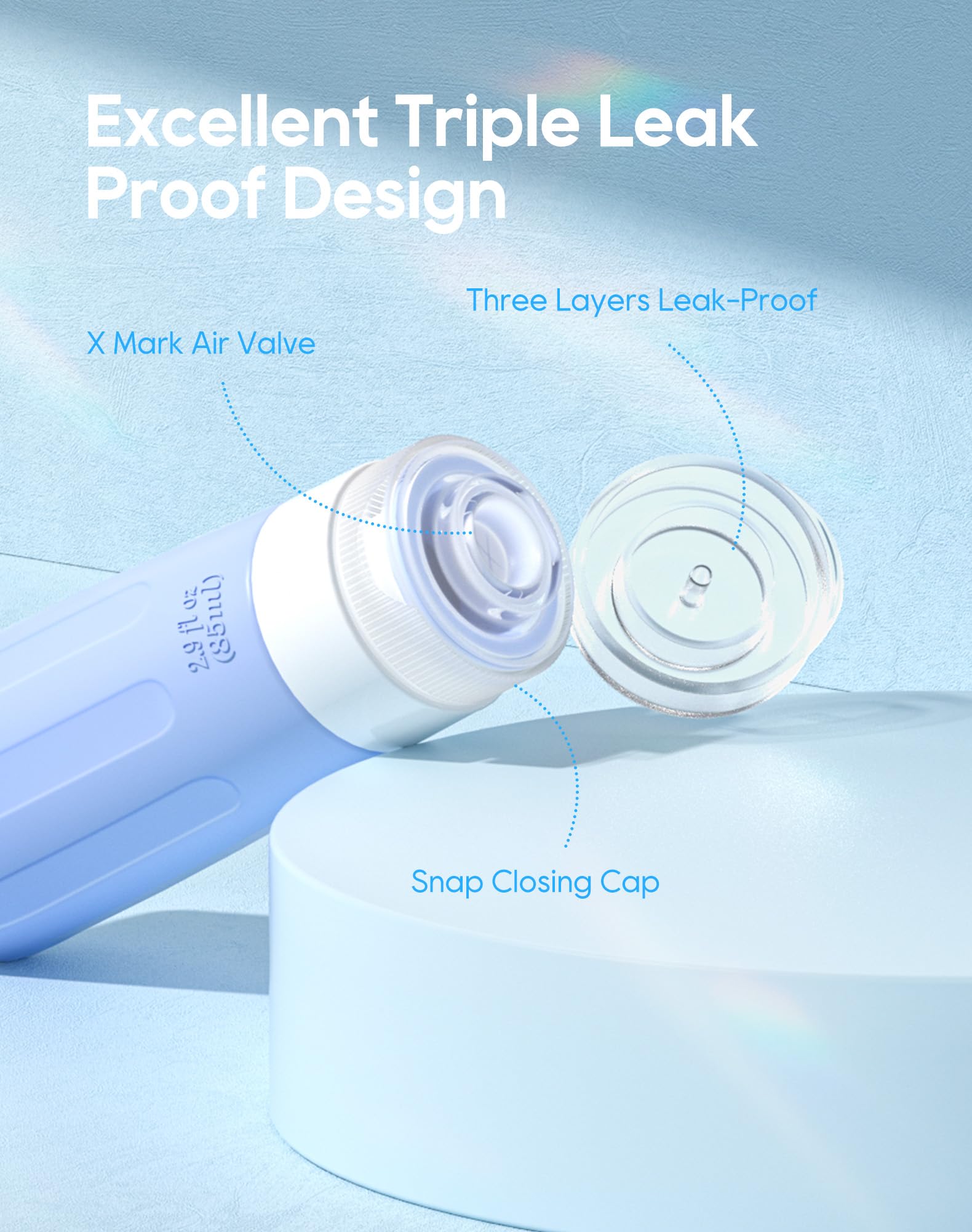 Morfone leak-proof cap closeup demonstrates secure seals during travel.