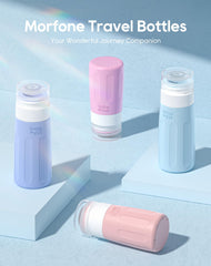 Morfone silicone bottles closeup shows soft squeezable BPA-free material for easy dispensing.