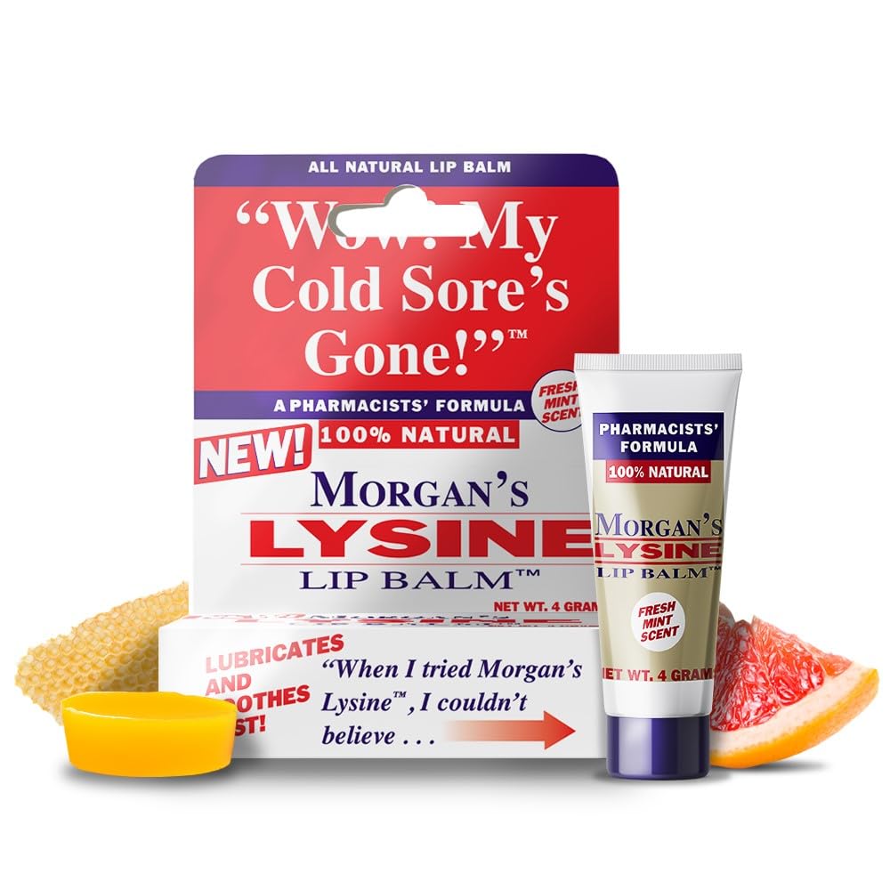 Morgan's Lysine Lip Balm mint scent in easy-open packaging for refreshing lips