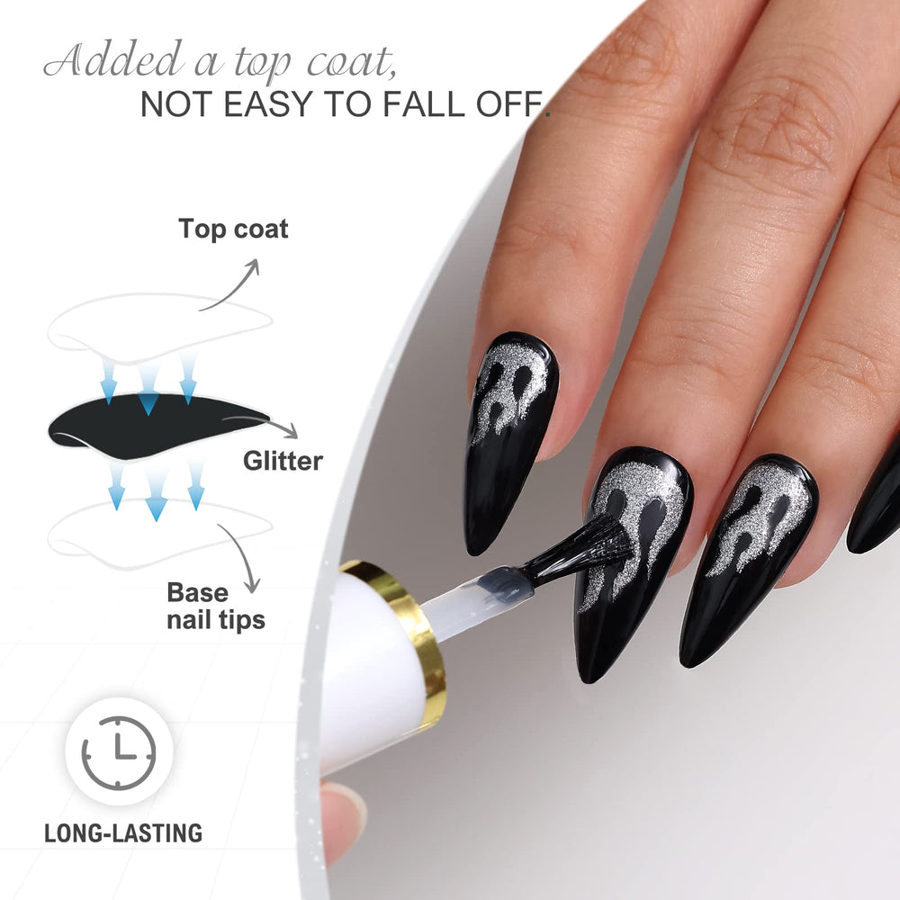 Morily glossy nails with silver flame design for salon-like finish at home.