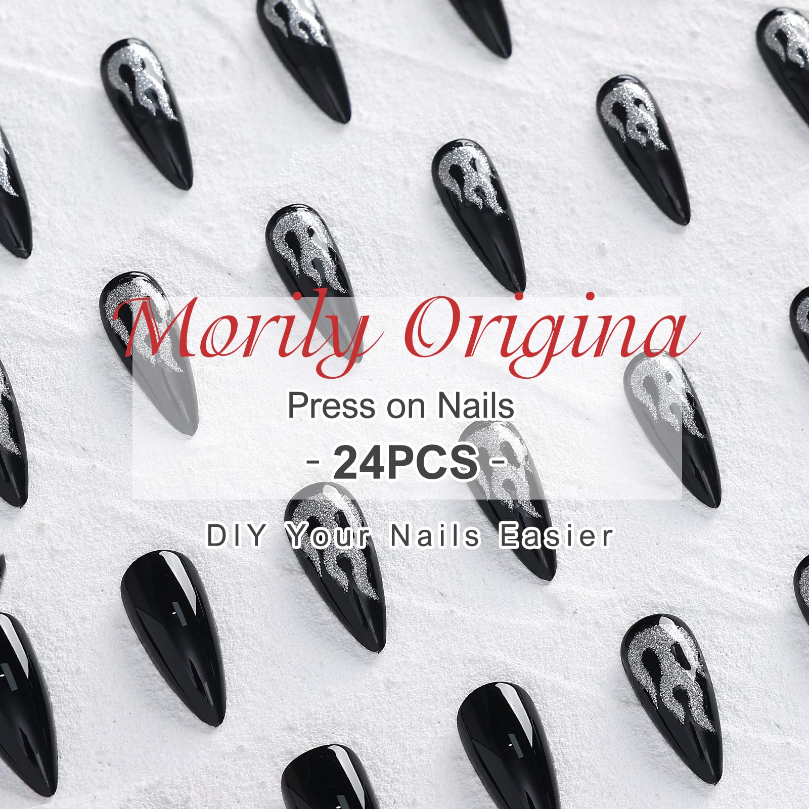 Morily party-ready nails with black flames for cosplay or events.