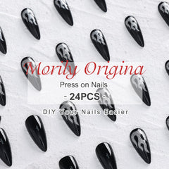 Morily party-ready nails with black flames for cosplay or events.