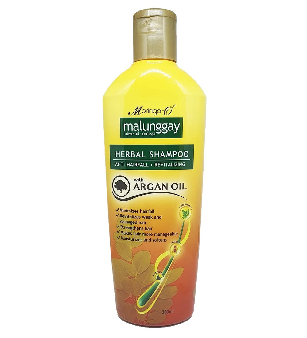 Moringa-O2 Malunggay Herbal Shampoo bottle with argan oil, nourishing hair care and antioxidant richness
