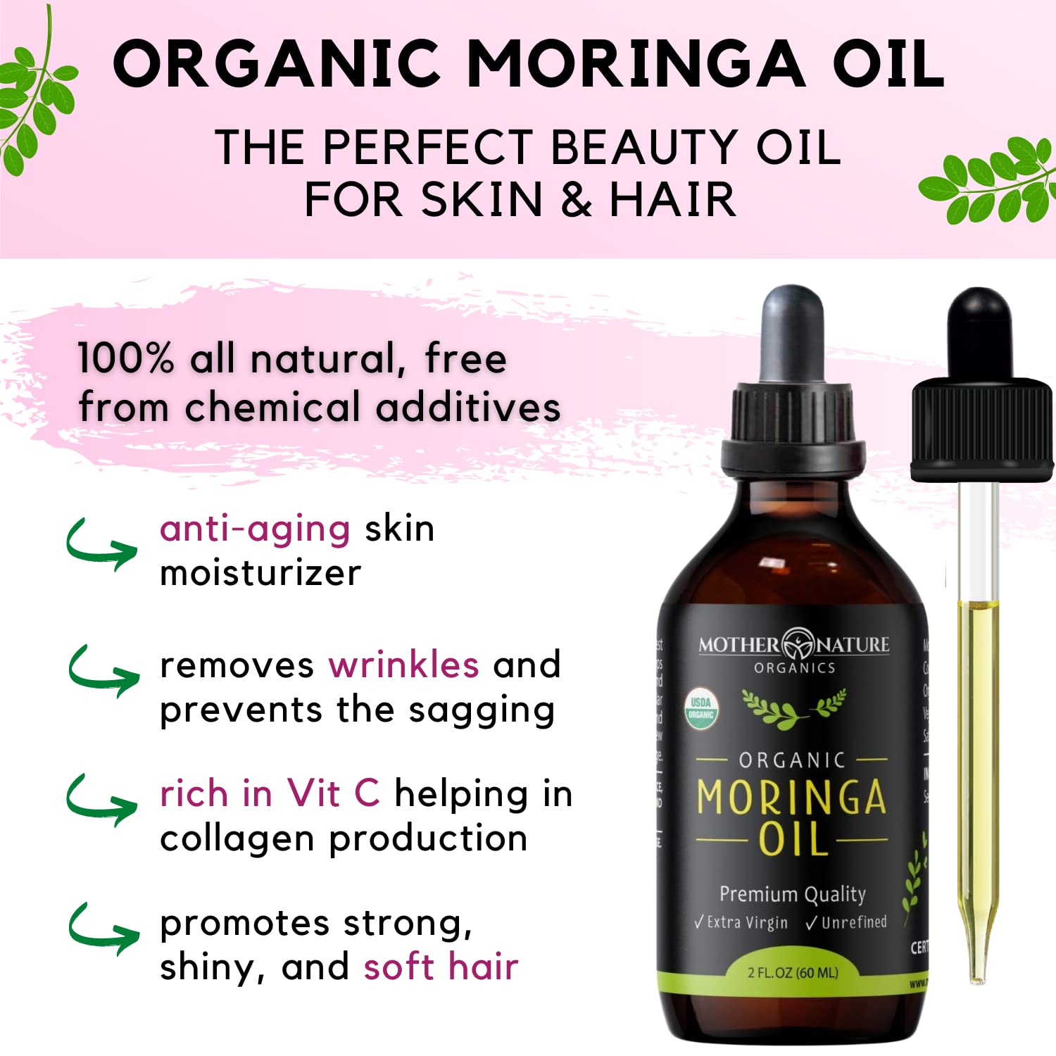 Moringa Oil ingredient panel highlights omega fatty acids