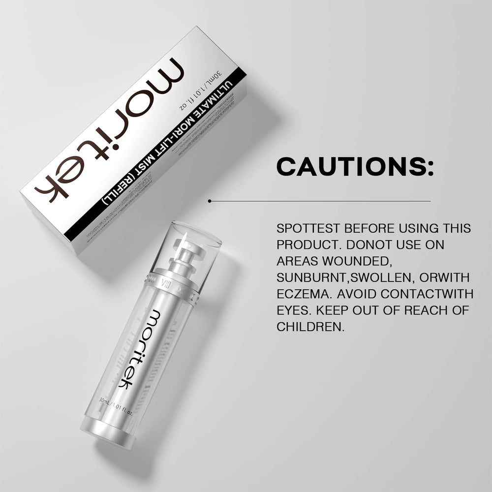 MORITEK Mori-Lift Mist on bare skin for a fast daytime refresh.
