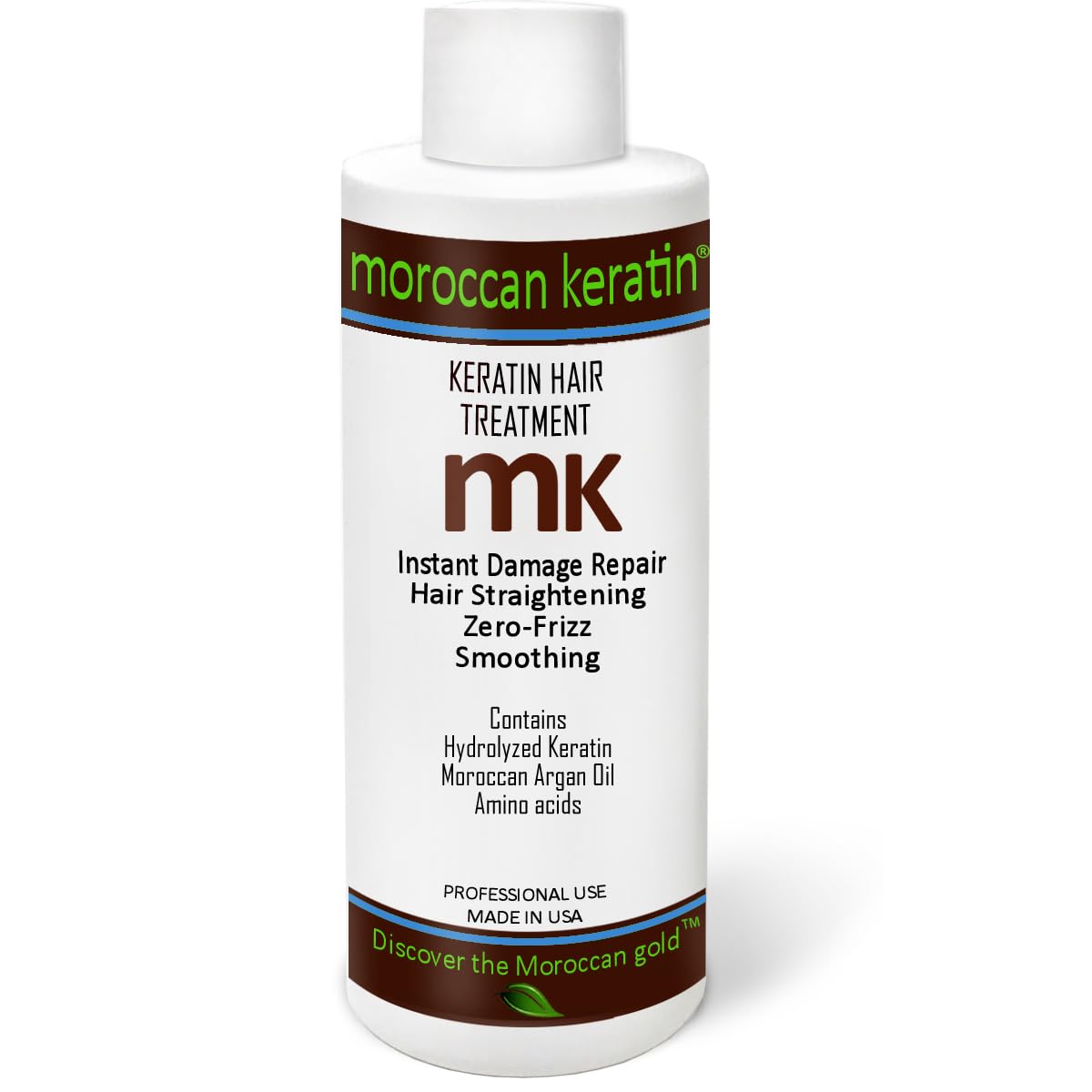 Moroccan Keratin bottle closeup showing premium formula for salon-grade smoothing at home.