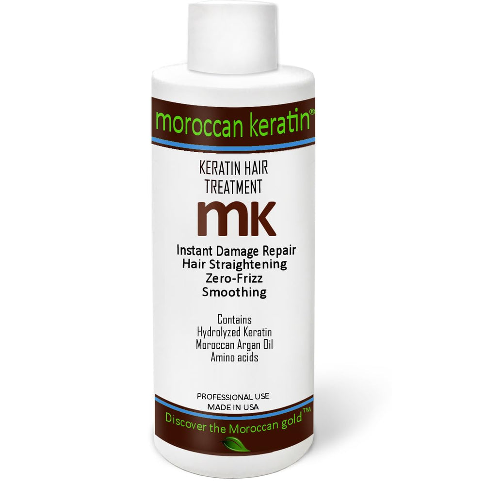 Moroccan Keratin bottle closeup showing premium formula for salon-grade smoothing at home.