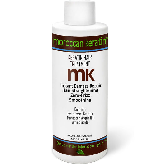 Moroccan Keratin bottle closeup showing premium formula for salon-grade smoothing at home.