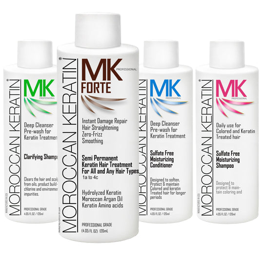MOROCCAN KERATIN FORTE chocolate treatment bottle for smooth, straight hair.