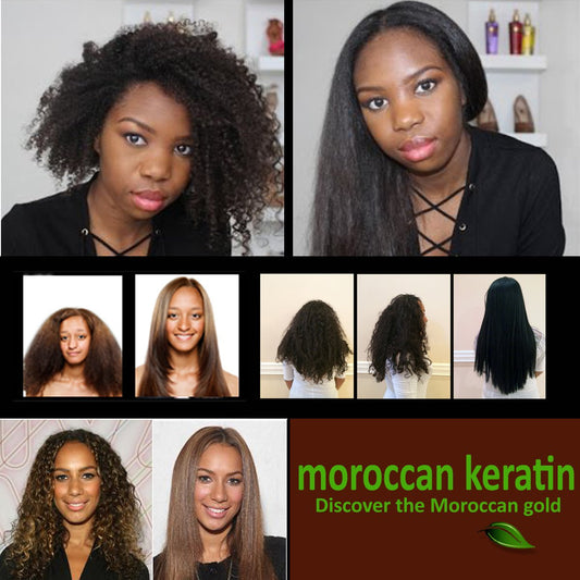 MOROCCAN KERATIN FORTE chocolate treatment kit display for at-home straightening.