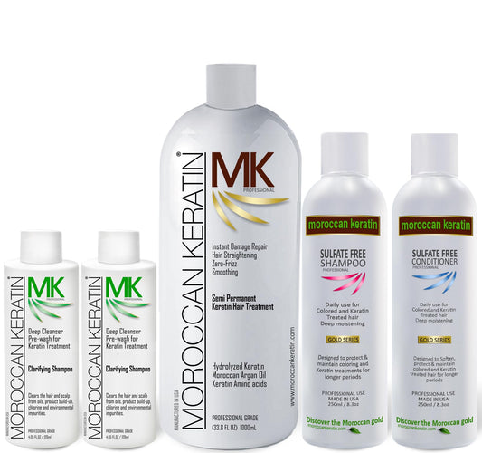 Moroccan Keratin Gold Series hair treatment bottle smooths and adds shine.