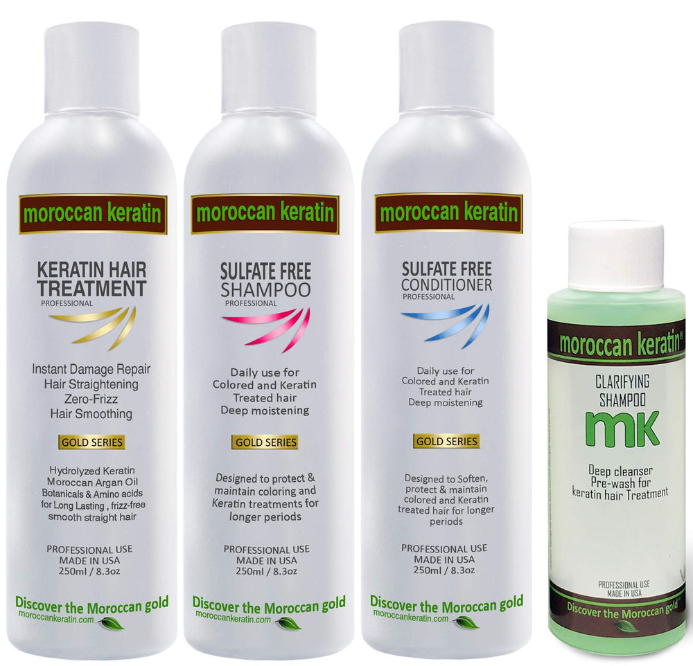 Moroccan Keratin Gold Series hair treatment bottle for salon smoothing at home.