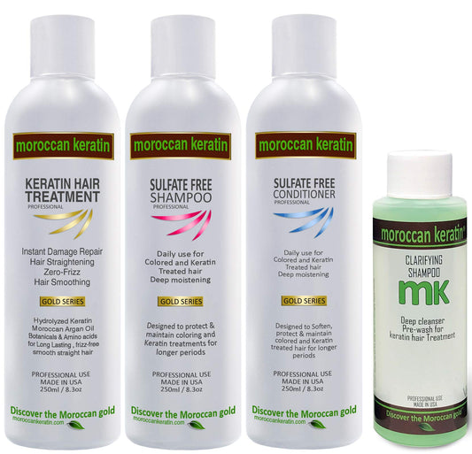 Moroccan Keratin Gold Series hair treatment bottle for salon smoothing at home.