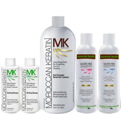Moroccan Keratin Gold Series hair treatment bottle smooths and adds shine.