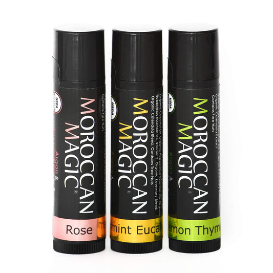 Moroccan Magic Rose lip balm pack showing natural hydration
