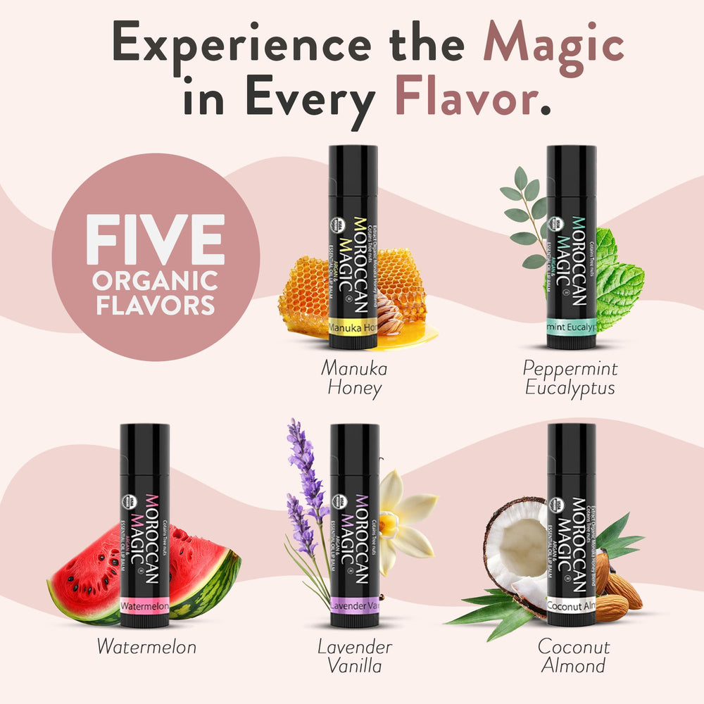 Moroccan Magic lip balm tubes in five-flavor variety for everyday hydration.