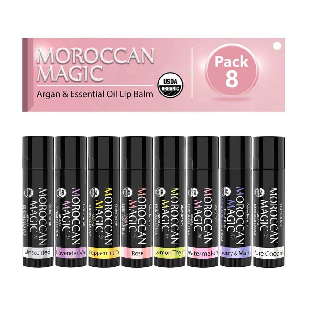 Moroccan Magic lip balm variety pack gift set with eight flavors for daily lip care.