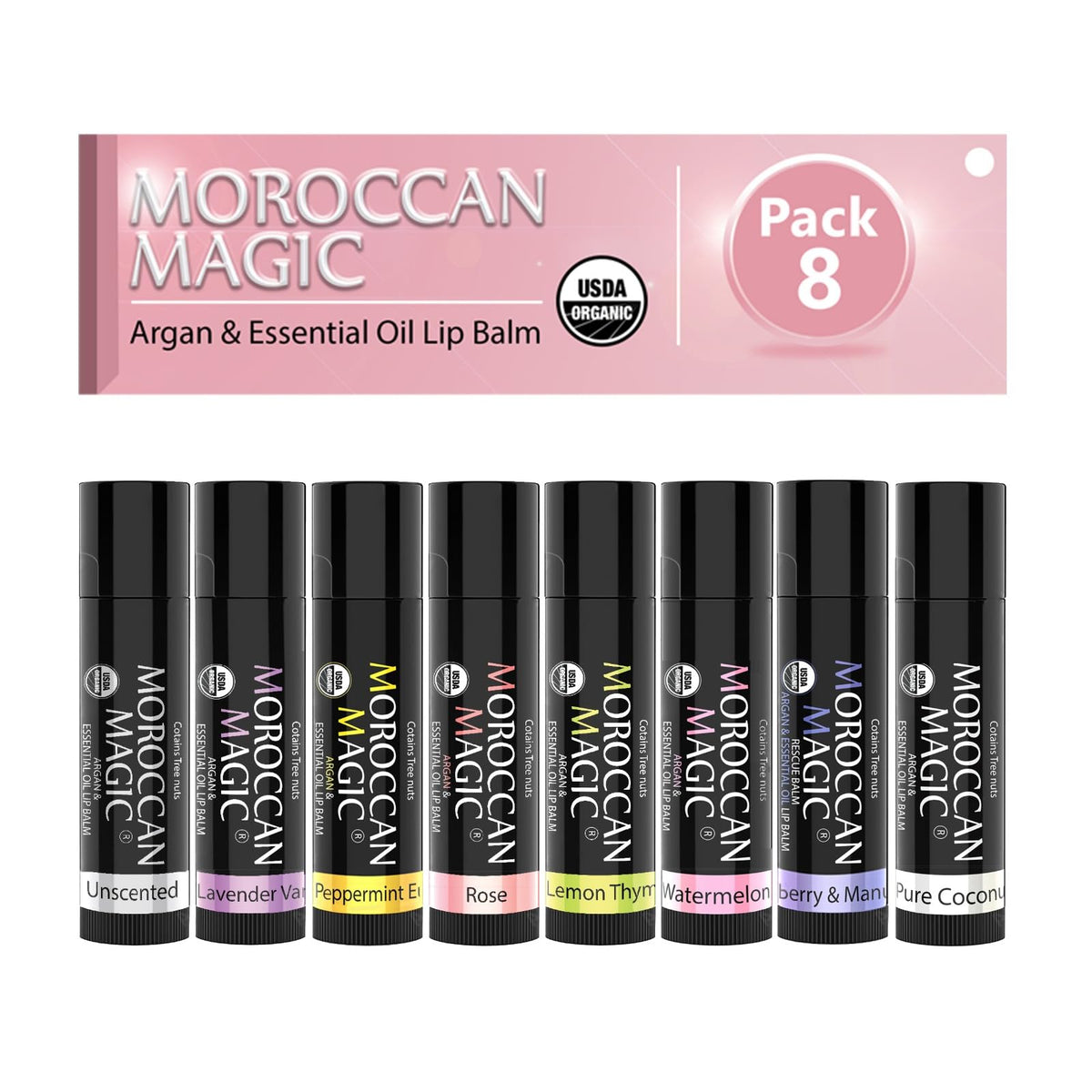 Moroccan Magic lip balm variety pack gift set with eight flavors for daily lip care.