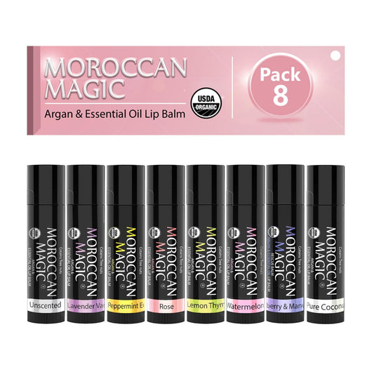 Moroccan Magic lip balm variety pack gift set with eight flavors for daily lip care.