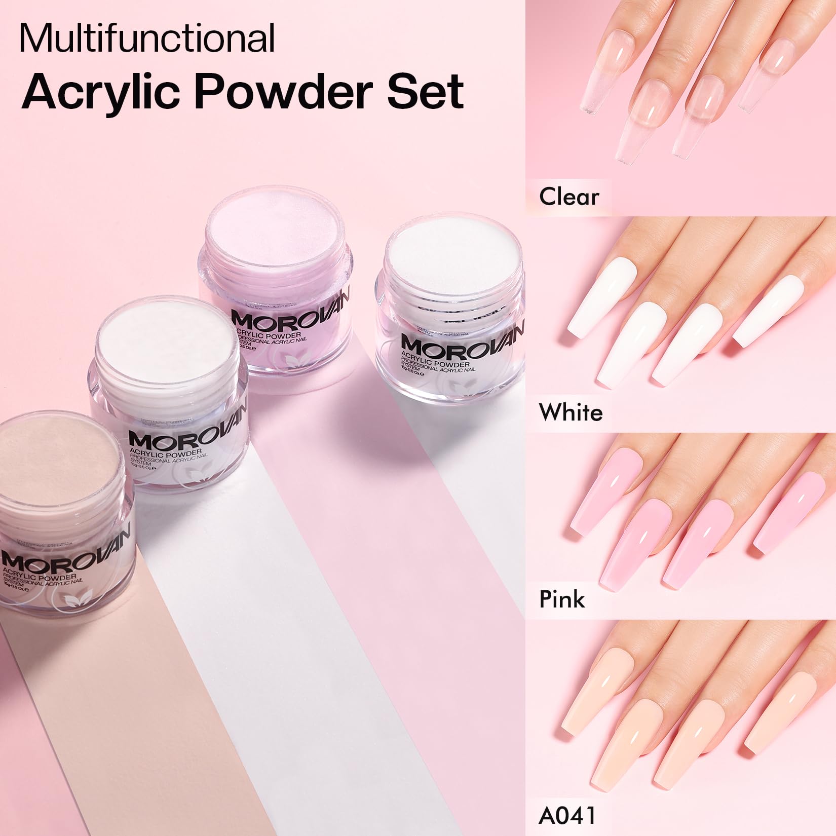 Morovan acrylic powder and gel polish colors for creative designs.