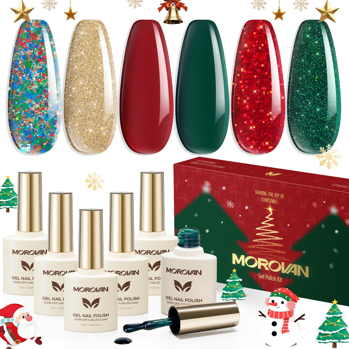 Morovan Christmas gel nail polish green swatch for festive nails.