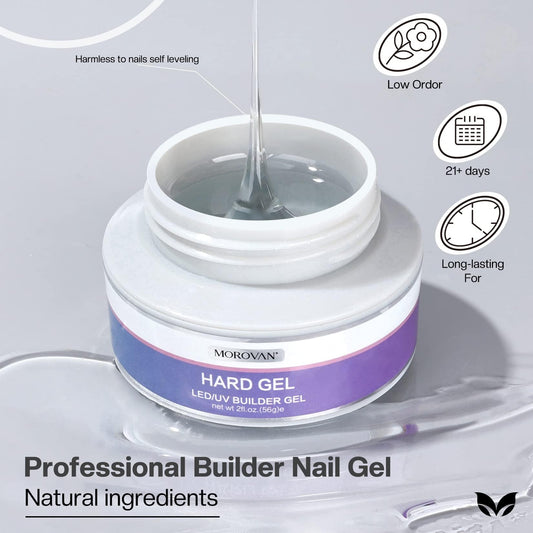 Morovan Clear Builder Gel bottle front view showing smooth self-leveling formula