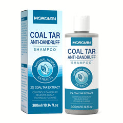 Morovan Coal Tar Dandruff Shampoo bottle on bathroom counter for flake control.