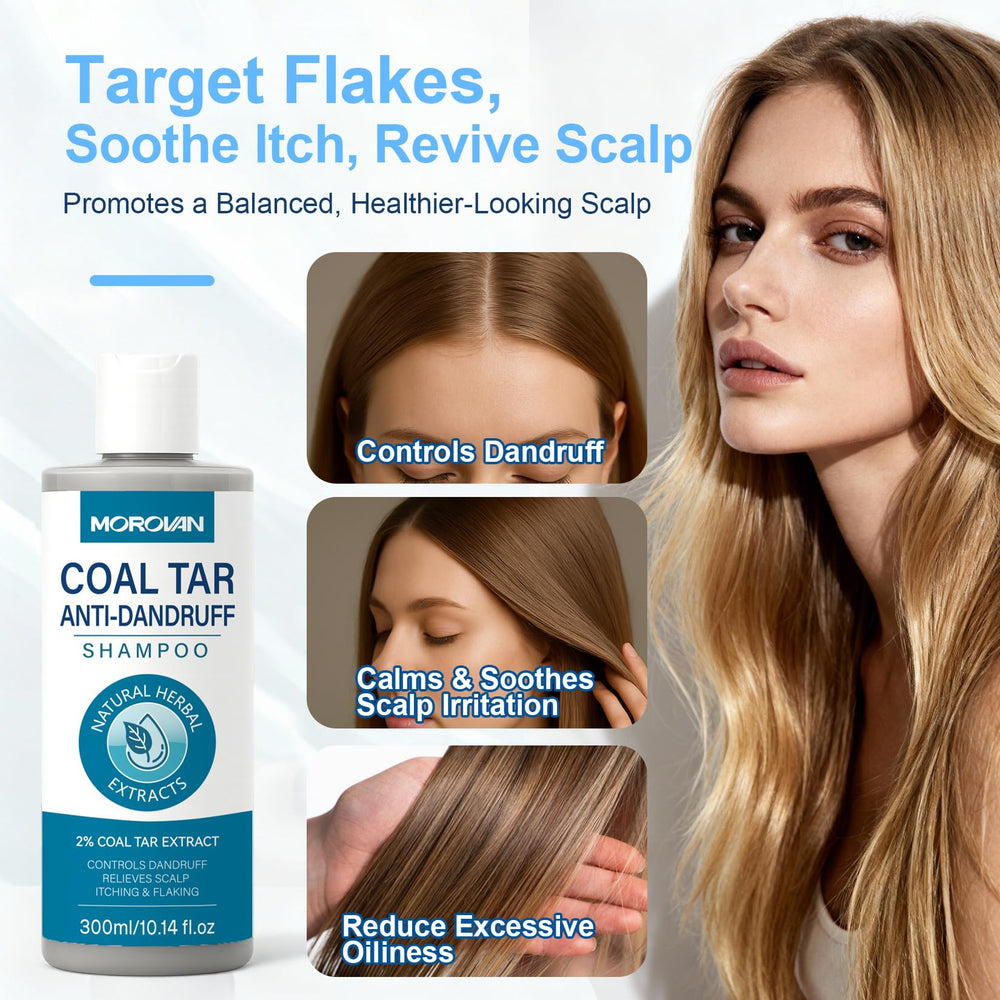 Morovan Coal Tar shampoo close-up on scalp highlighting soothing potential.