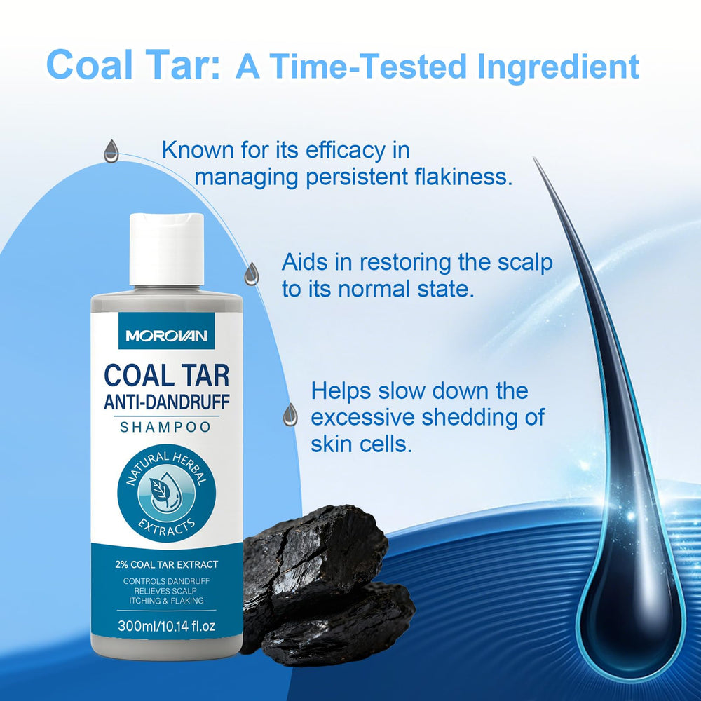 Morovan Coal Tar Shampoo on hair shows daily care for oily scalps.