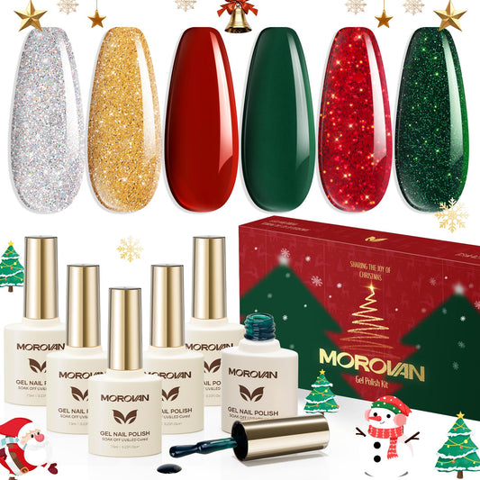 Morovan gel nail polish set red sparkle for festive nails and long-lasting shine