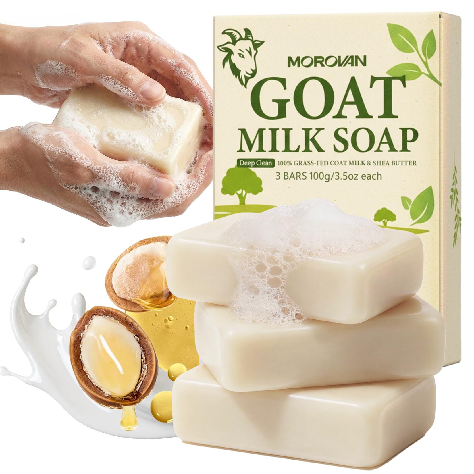 Morovan Goat Milk Soap three-bar pack shown for daily moisturizing