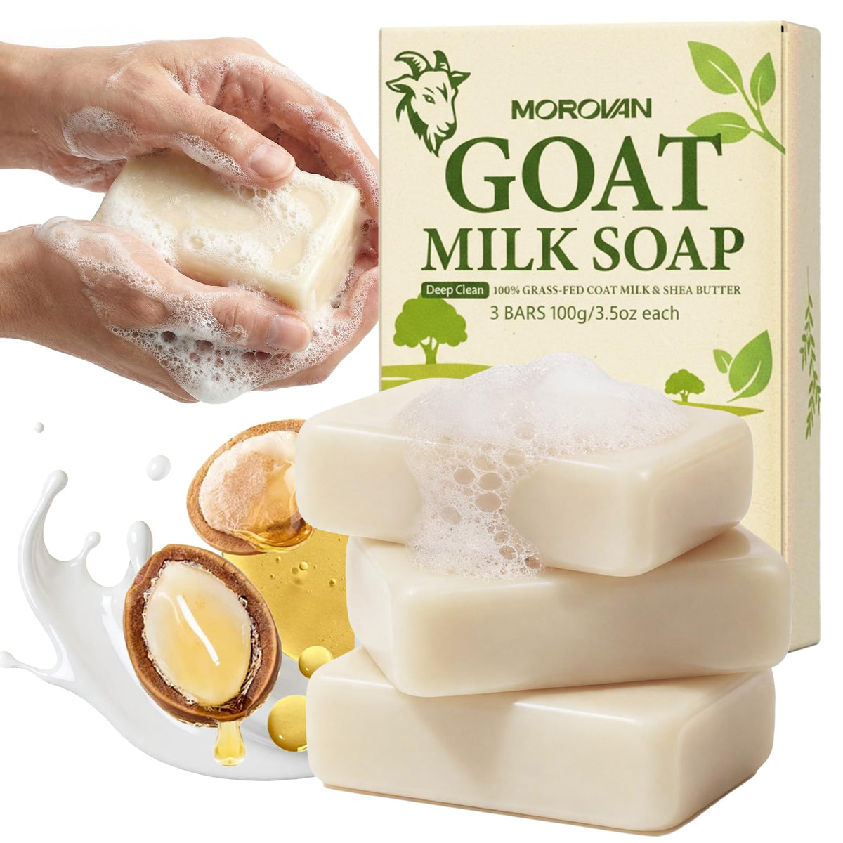 Morovan Goat Milk Soap three-bar pack shown for daily moisturizing