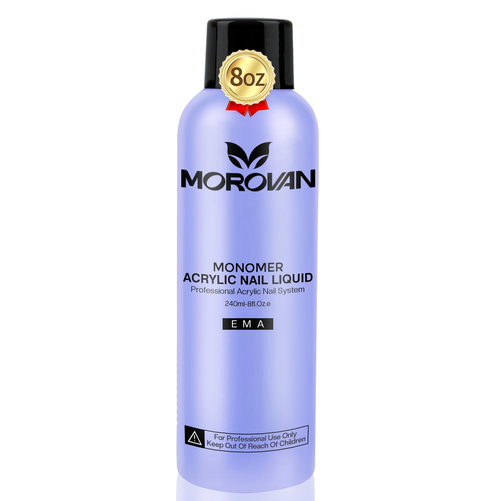 Morovan monomer liquid 8oz bottle shows smooth consistency for flawless acrylic application.