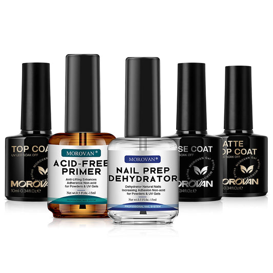 Morovan nail dehydrator bottle pour improves adhesion by removing oils.