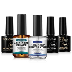 Morovan nail dehydrator bottle pour improves adhesion by removing oils.