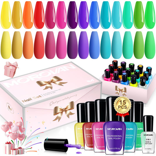 Morovan Nail Polish Set bright rainbow bottles show vibrant color range for at‑home manicures
