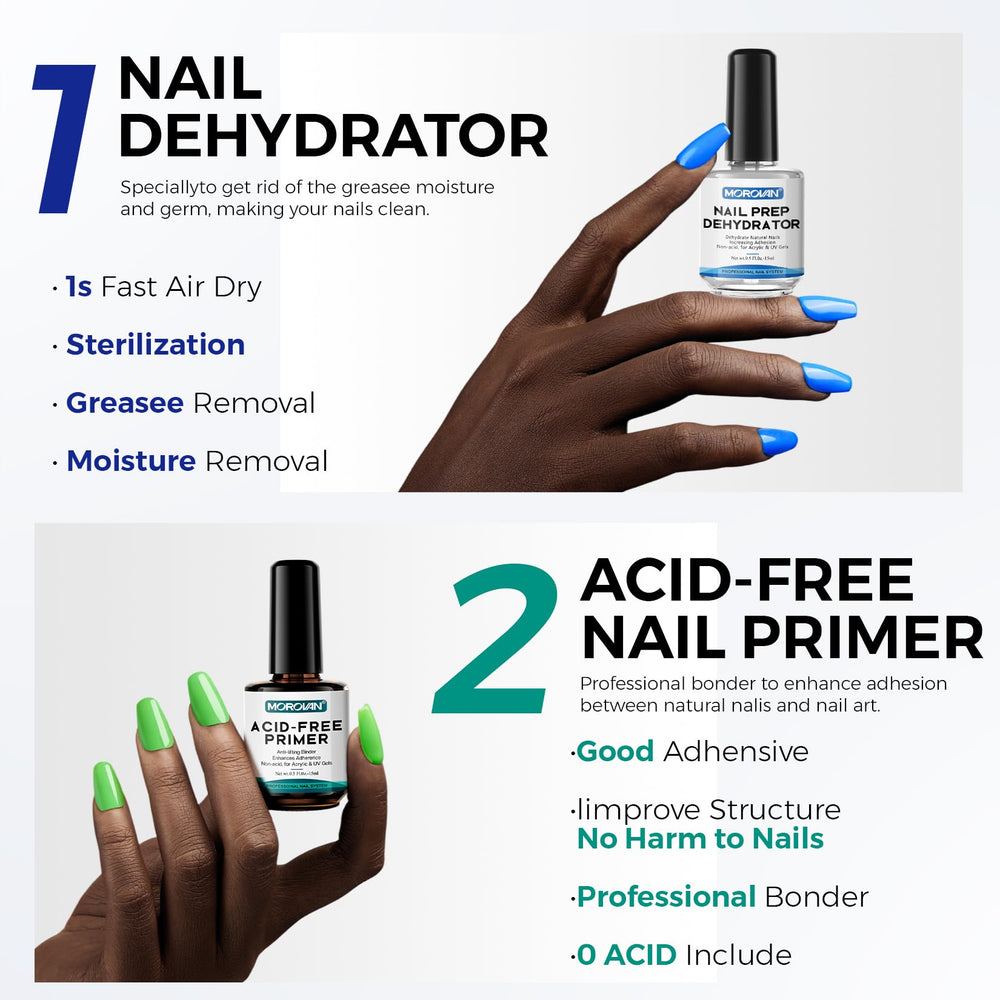 Morovan nail primer acid-free drops enhances adhesion for durable finishes.