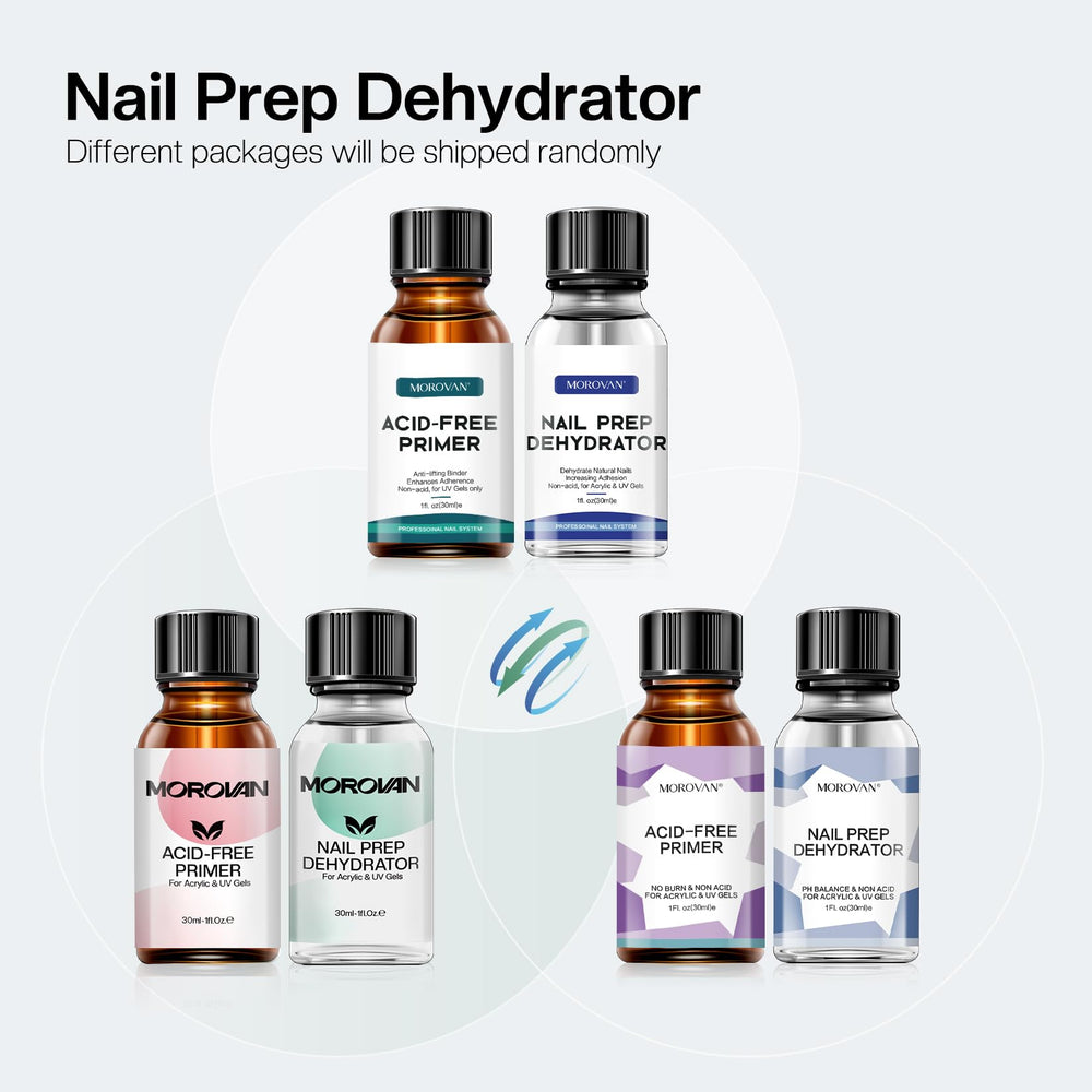 Morovan Primer and Dehydrate dual-pack highlighting a complete nail prep kit.