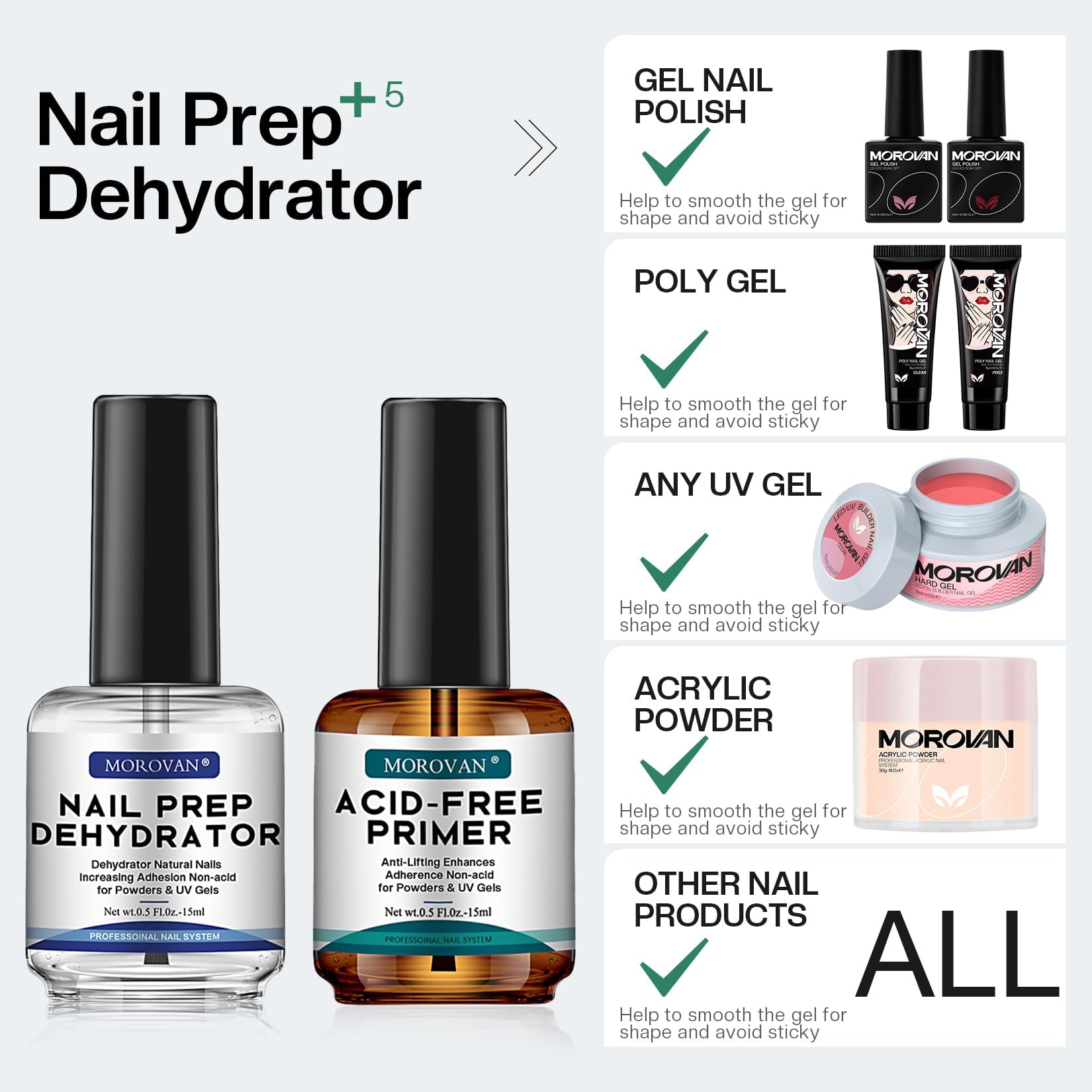 Morovan set shows compatibility with gel, acrylic, and UV extensions.
