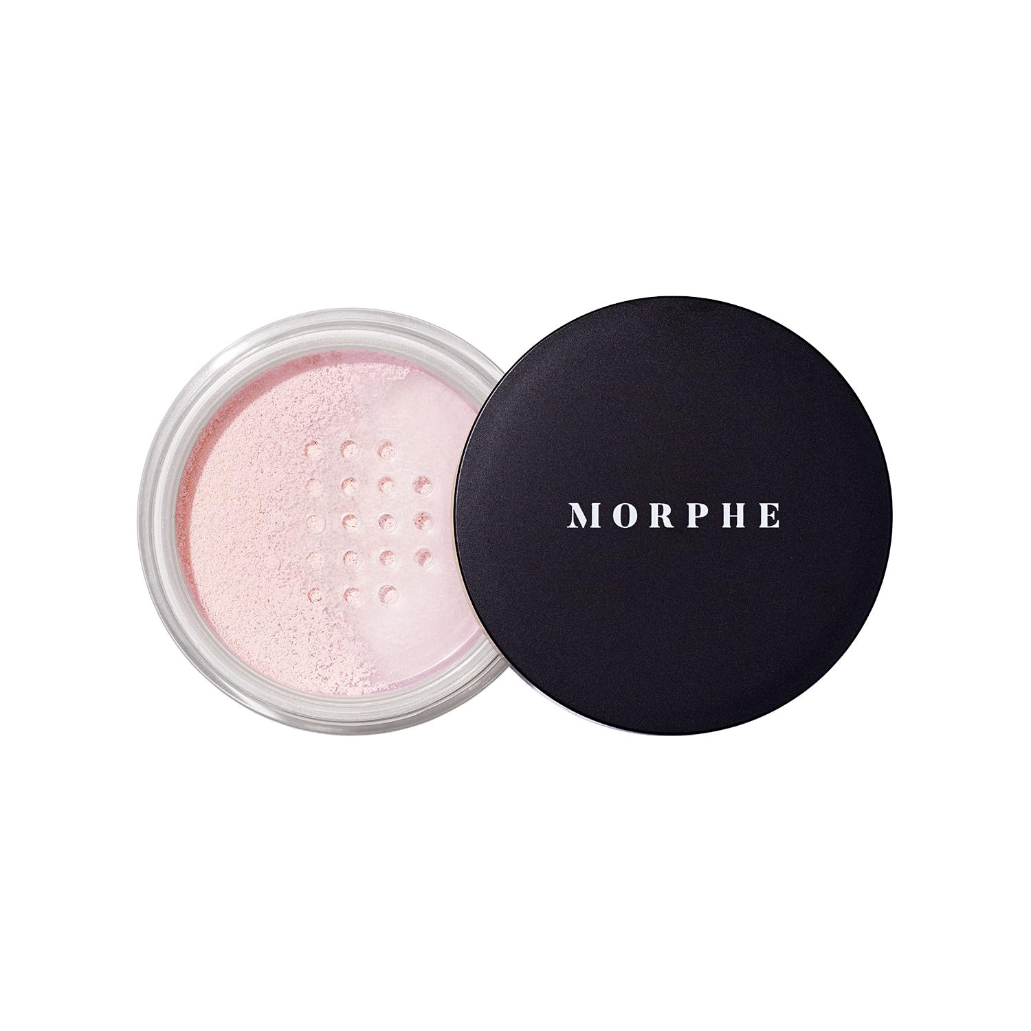 Morphe Bake & Set powder bottle closeup shows smooth, talc-free finish for all-day wear.