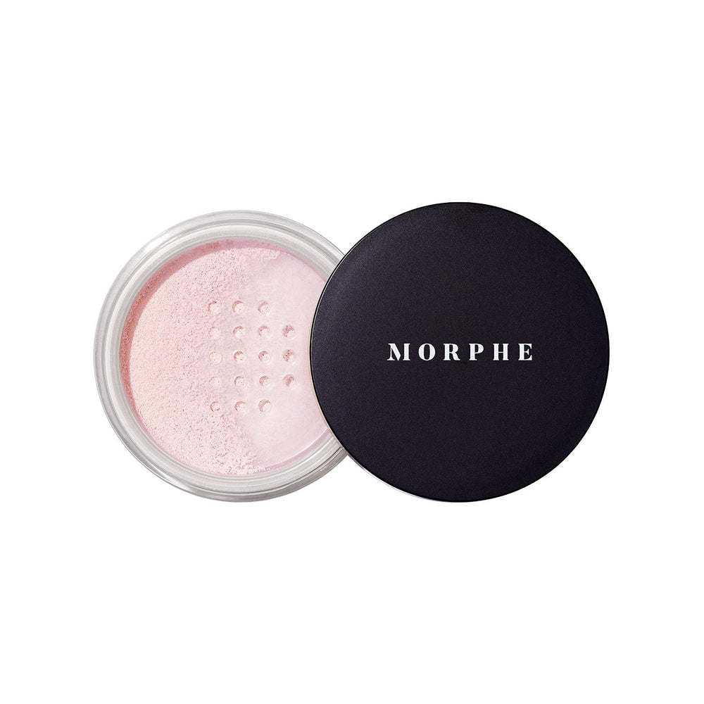 Morphe Bake & Set powder bottle closeup shows smooth, talc-free finish for all-day wear.