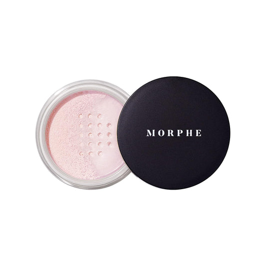 Morphe Bake & Set powder bottle closeup shows smooth, talc-free finish for all-day wear.