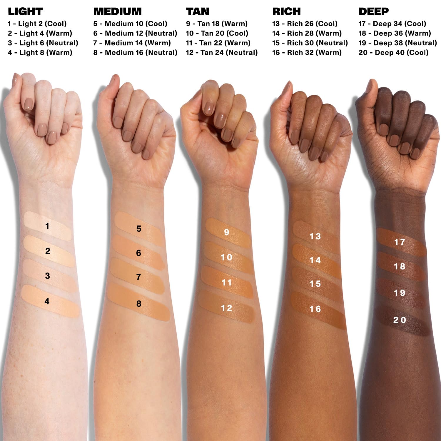 MORPHE concealer shade swatch displaying 20 inclusive tones for diverse skin.
