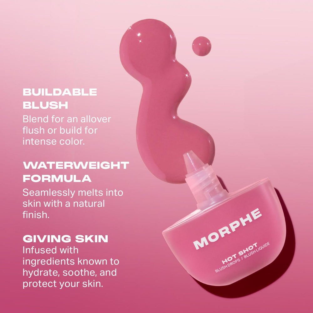 Morphe Hot Shot Blush Drops bottle highlights niacinamide and antioxidants.